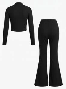 SHEIN Girlism Kids Tween Girl Sporty Casual Daily Knit Solid Color Cardigan Jacket & Flare Long Pants Set Fall/Winter Outfits - Black - View 5