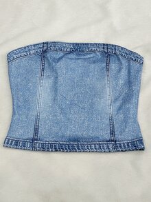 SHEIN 女款時尚百搭牛仔效果印花性感抹胸上衣 - 彩色 - 查看 4