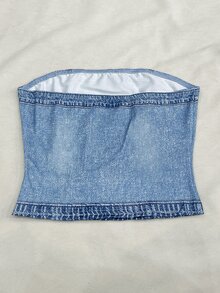 SHEIN 女款時尚百搭牛仔效果印花性感抹胸上衣 - 彩色 - 查看 3