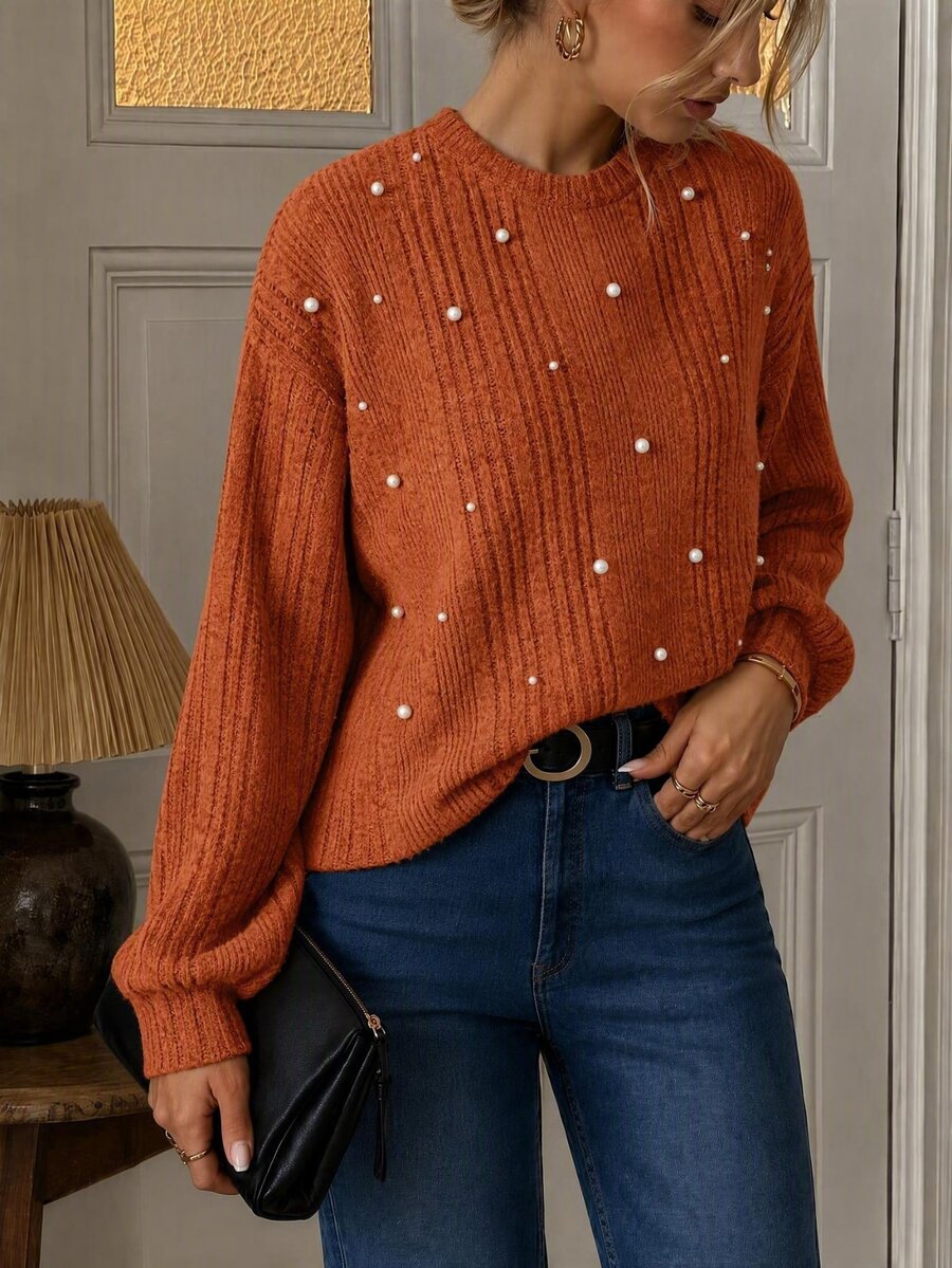 Easowa Camiseta de punto acanalado con detalles de perlas, informal - Marrón - Ver 1
