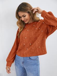 Easowa Camiseta de punto acanalado con detalles de perlas, informal - Marrón - Ver 4