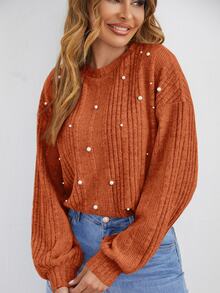 Easowa Camiseta de punto acanalado con detalles de perlas, informal - Marrón - Ver 3