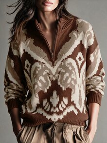 Omancia Elegant High Neck Zipper Design Women's Sweater - Brown - View 3