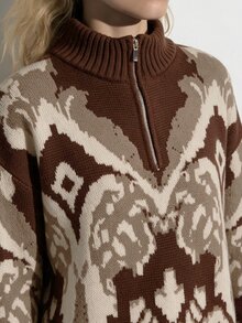 Omancia Elegant High Neck Zipper Design Women's Sweater - Brown - View 7