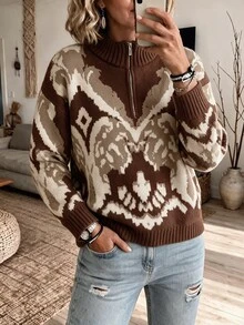 Omancia Elegant High Neck Zipper Design Women's Sweater - Brown - View 1