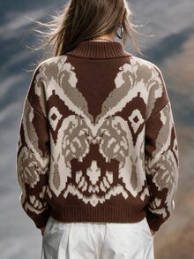 Omancia Elegant High Neck Zipper Design Women's Sweater - Brown - View 2