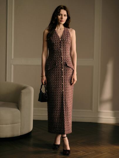 MOTF PREMIUM Vestido de lujo ligero para mujer con cintura estilizada, elegante jacquard de hilo colorido, tweed de pelo largo y cuello halter
