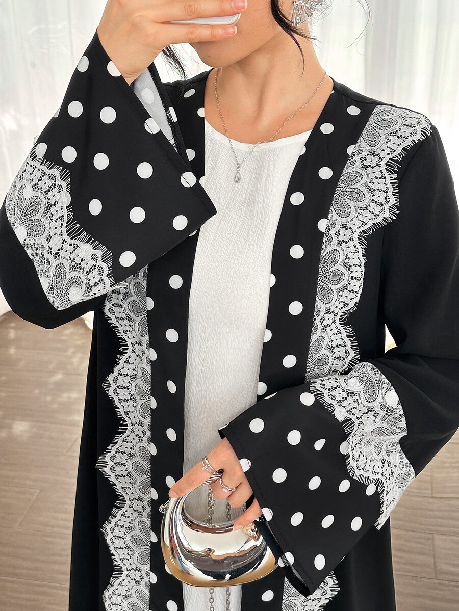 Yasmyna Cardigan Wanita Sederhana Motif Polkadot dengan Hiasan Renda Gaya Arab