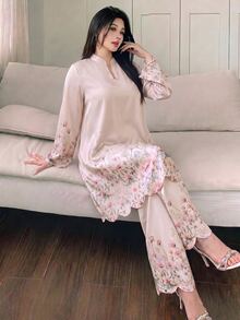 Modelyn Spring/Autumn Gentle Elegant Elegant Versatile Daily Slimming Flattering Floral Print Date Women's 2-Piece Set - Multicolor - View 6