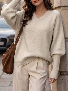 LUMIGAL Women's V-Neck Dropped Shoulder Loose Lantern Sleeve Ribbed Cuff Long Sleeve Sweater - Khaki - View 6