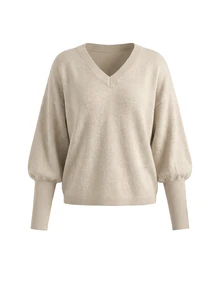 LUMIGAL Women's V-Neck Dropped Shoulder Loose Lantern Sleeve Ribbed Cuff Long Sleeve Sweater - Khaki - View 7