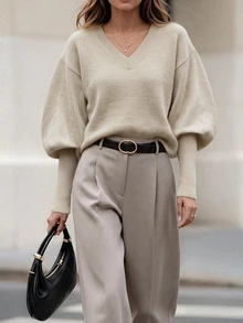 LUMIGAL Women's V-Neck Dropped Shoulder Loose Lantern Sleeve Ribbed Cuff Long Sleeve Sweater - Khaki - View 5