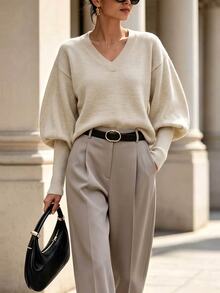 LUMIGAL Women's V-Neck Dropped Shoulder Loose Lantern Sleeve Ribbed Cuff Long Sleeve Sweater - Khaki - View 4