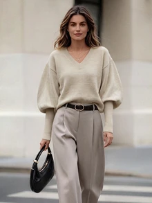 LUMIGAL Women's V-Neck Dropped Shoulder Loose Lantern Sleeve Ribbed Cuff Long Sleeve Sweater - Khaki - View 8