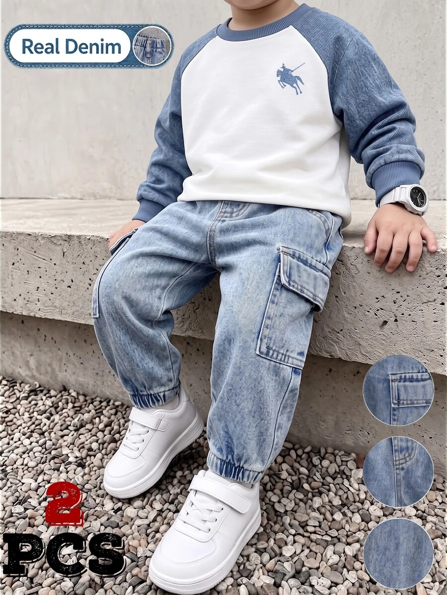 小男孩馬匹圖案插肩袖圓領運動衫與工裝牛仔褲套裝 - 彩色 - 查看 1