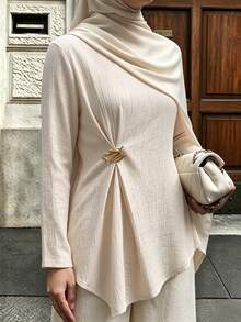 Celisse Women's Metal Decor Pleated Texture Long Sleeve Top - Khaki - View 3