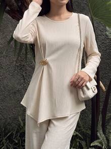 Celisse Women's Metal Decor Pleated Texture Long Sleeve Top - Khaki - View 4
