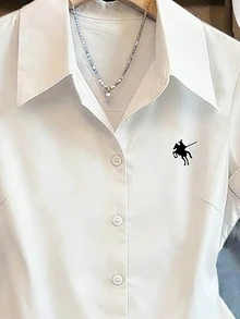 SHEIN Franclia 女款夏季百搭圖案上衣，教師節通勤刺繡優雅上衣，短袖百搭襯衫，常規下擺，商務白色 - 白色 - 查看 4