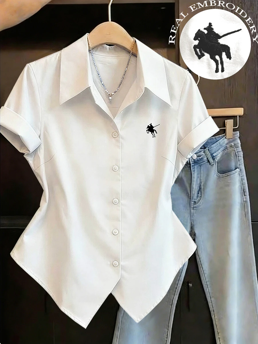 SHEIN Franclia 女款夏季百搭圖案上衣，教師節通勤刺繡優雅上衣，短袖百搭襯衫，常規下擺，商務白色