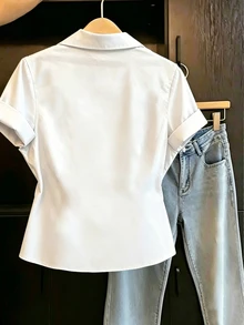 SHEIN Franclia 女款夏季百搭圖案上衣，教師節通勤刺繡優雅上衣，短袖百搭襯衫，常規下擺，商務白色 - 白色 - 查看 3