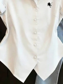 SHEIN Franclia 女款夏季百搭圖案上衣，教師節通勤刺繡優雅上衣，短袖百搭襯衫，常規下擺，商務白色 - 白色 - 查看 5