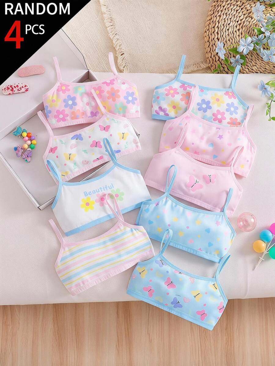 4件組女童幼兒內褲,卡通花卉印花配蝴蝶結、草莓、愛心,嬰兒粉與白色,針織高彈力套裝,冬季款 - 彩色 - 查看 1