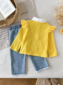 SHEIN Vintaside Kids 2Pcs Toddler Girl Ruffle Sweater + Denim Jeans Sweet Yellow Blue Daisy Flower Applique Ribbed Long Sleeve Button Collar Birthday Party Fall Holiday - Yellow - View 2