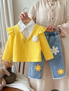 SHEIN Vintaside Kids 2Pcs Toddler Girl Ruffle Sweater + Denim Jeans Sweet Yellow Blue Daisy Flower Applique Ribbed Long Sleeve Button Collar Birthday Party Fall Holiday - Yellow - View 4