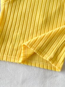 SHEIN Vintaside Kids 2Pcs Toddler Girl Ruffle Sweater + Denim Jeans Sweet Yellow Blue Daisy Flower Applique Ribbed Long Sleeve Button Collar Birthday Party Fall Holiday - Yellow - View 5