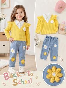 SHEIN Vintaside Kids 2Pcs Toddler Girl Ruffle Sweater + Denim Jeans Sweet Yellow Blue Daisy Flower Applique Ribbed Long Sleeve Button Collar Birthday Party Fall Holiday - Yellow - View 3