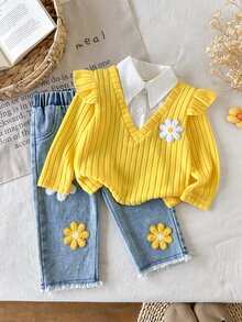 SHEIN Vintaside Kids 2Pcs Toddler Girl Ruffle Sweater + Denim Jeans Sweet Yellow Blue Daisy Flower Applique Ribbed Long Sleeve Button Collar Birthday Party Fall Holiday - Yellow - View 1