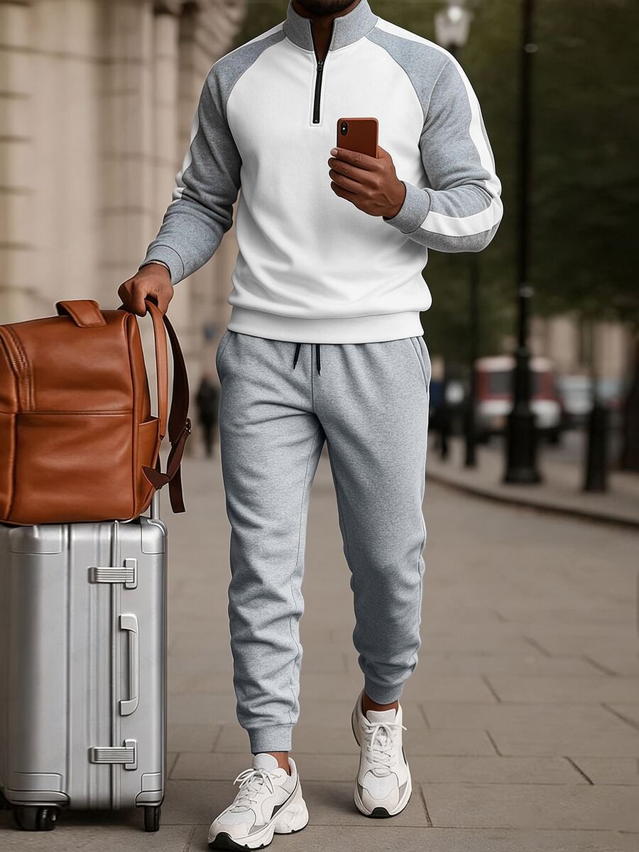 Manfinity Homme طقم سويت شيرت رجالي، تصميم كتل لونية رمادي وأبيض، ملابس علوية بياقة واقفة نصف سحاب، بنطال رياضي بخصر مطاطي، ملابس شارع فضفاضة للخريف والعطلات - متعدد الألوان - مشاهدة 1
