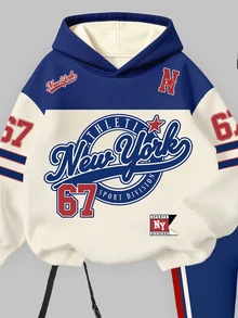 (1套) 女孩秋冬款 New York 67 徽章五角星條紋海軍藍、米色、紅色拼接連帽衛衣搭配內搭褲 - 彩色 - 查看 4