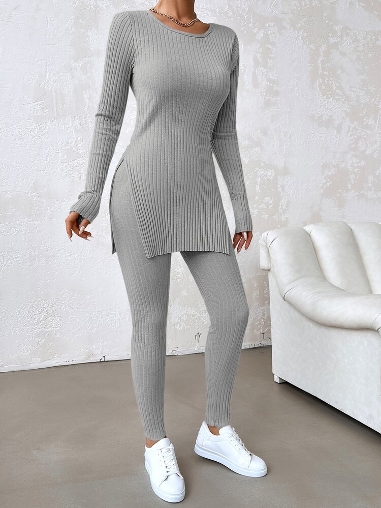 SHEIN طقم قطعتين من القطن للنساء مقاس طويل، تي شيرت بأكمام طويلة مع فتحات جانبية وسروال ضيق - رمادي - مشاهدة 6