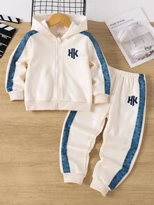 2pcs Young Boys Sweatshirt Jacket Set Sporty Cream Navy Patchwork Letter Oversized Hooded Zip Fleece Back To School Winter Cute - Multicolor - View 7