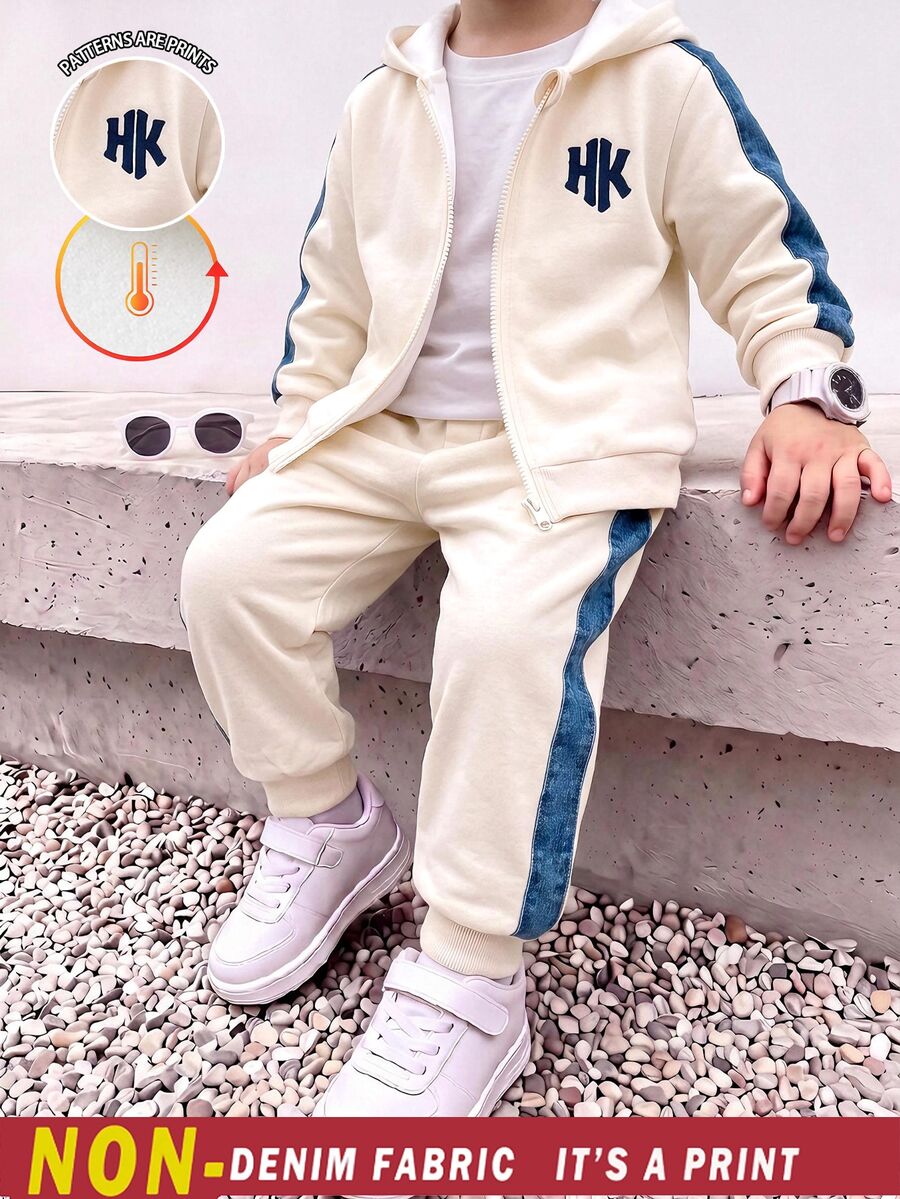 2pcs Young Boys Sweatshirt Jacket Set Sporty Cream Navy Patchwork Letter Oversized Hooded Zip Fleece Back To School Winter Cute - Multicolor - View 1