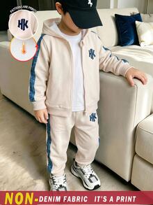 2pcs Young Boys Sweatshirt Jacket Set Sporty Cream Navy Patchwork Letter Oversized Hooded Zip Fleece Back To School Winter Cute - Multicolor - View 3