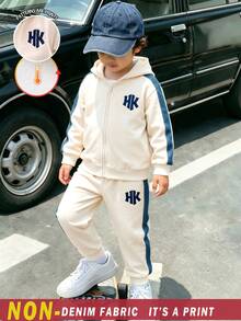 2pcs Young Boys Sweatshirt Jacket Set Sporty Cream Navy Patchwork Letter Oversized Hooded Zip Fleece Back To School Winter Cute - Multicolor - View 4