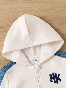 2pcs Young Boys Sweatshirt Jacket Set Sporty Cream Navy Patchwork Letter Oversized Hooded Zip Fleece Back To School Winter Cute - Multicolor - View 9