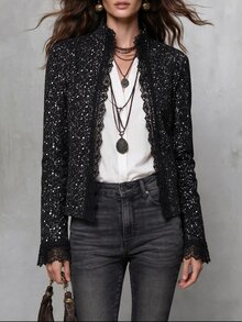 Solivie 女款優雅蕾絲飾邊亮面開襟長袖外套，適合派對、夜生活，秋季衣著、冬季大衣，秋冬女裝 - 黑色 - 查看 8
