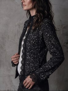 Solivie 女款優雅蕾絲飾邊亮面開襟長袖外套，適合派對、夜生活，秋季衣著、冬季大衣，秋冬女裝 - 黑色 - 查看 6
