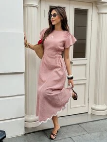 Serisse 女款格紋圓領荷葉邊短袖優雅長洋裝 - 彩色 - 查看 4