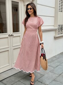 Serisse 女款格紋圓領荷葉邊短袖優雅長洋裝 - 彩色 - 查看 6