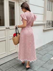 Serisse 女款格紋圓領荷葉邊短袖優雅長洋裝 - 彩色 - 查看 2