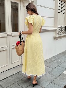 Serisse 女款格紋圓領荷葉邊短袖優雅長洋裝 - 彩色 - 查看 2
