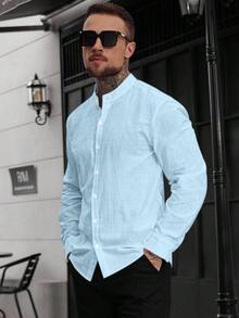 Manfinity CasualCool 男士素色休閒百搭日常長袖襯衫 - 藍色 - 查看 1