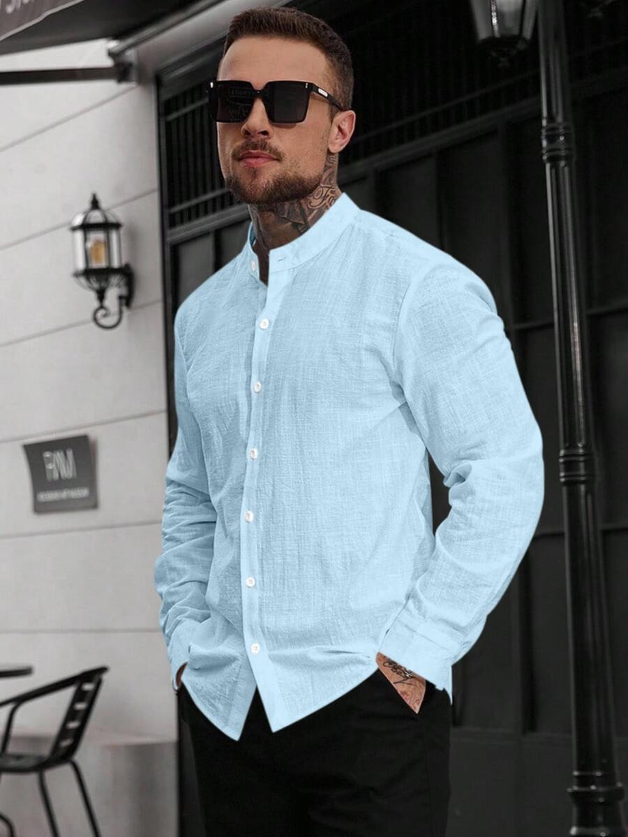 Manfinity CasualCool 男士素色休閒百搭日常長袖襯衫 - 藍色 - 查看 1