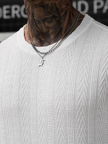 Manfinity CasualCool 男士舒適提花面料短袖圓領T恤與彈性腰抽繩短褲套裝，男士休閒度假、派對、聚會、日常辦公、極簡商務、山本風格T恤套裝，適合個人穿著或作為送給朋友的禮物 - 白色 - 查看 5