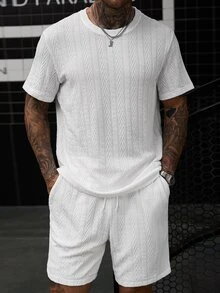 Manfinity CasualCool 男士舒適提花面料短袖圓領T恤與彈性腰抽繩短褲套裝，男士休閒度假、派對、聚會、日常辦公、極簡商務、山本風格T恤套裝，適合個人穿著或作為送給朋友的禮物 - 白色 - 查看 4