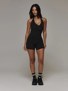 Musera Sport V Dipped Cross Over Front Fitted Sport Logo Back Fitted Active Coord Shorts Only Sport Essentials Basics Gym Workout Autumn Fall Winter - Black - View 5